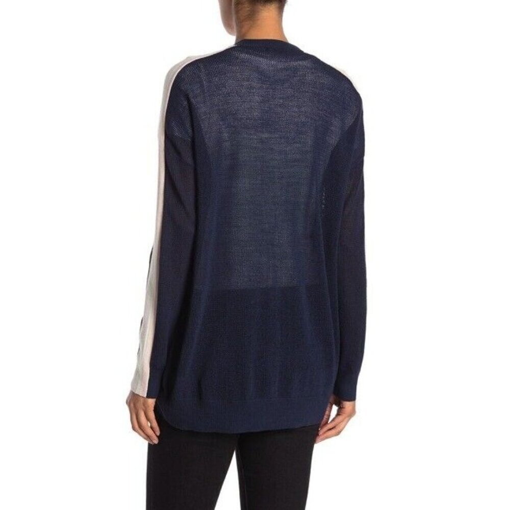 ATM Navy Cardigan Schoolboy Wool Cardigan V Neck Stripe Sleeve SZ L NWT $395 - Picture 2 of 3